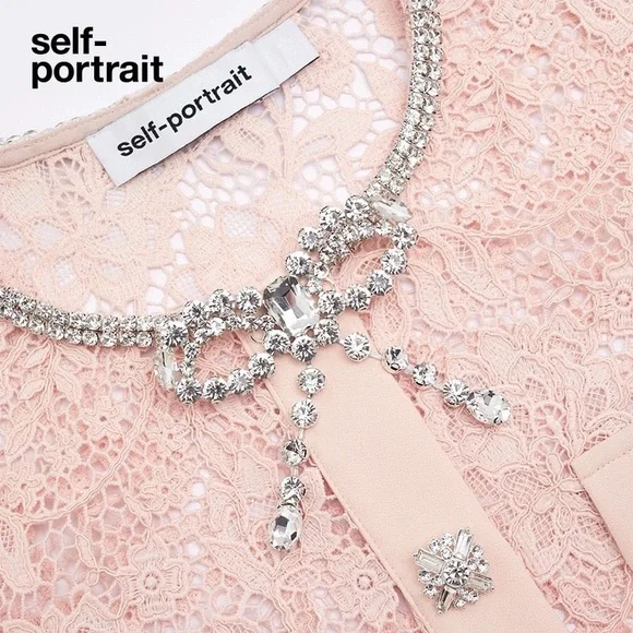 Self-Portrait PINK LACE DIAMANTE BOW MIDI DRESS Size 8 NWT. - Picture 4 of 7